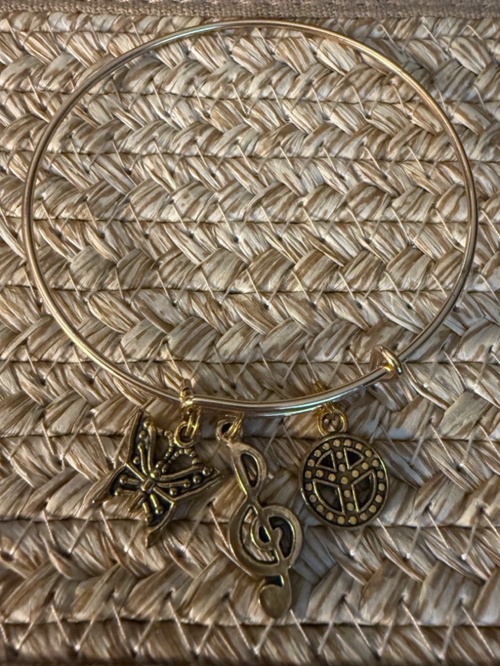 Gold-tone Charm Bangle Bracelet with Music, Peace & Butterfly Charms